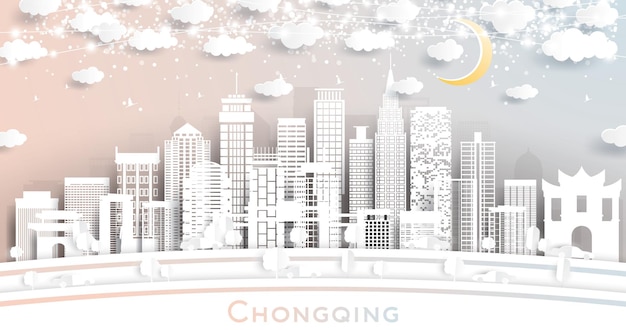 Horizonte de la ciudad de chongqing china en estilo de corte de papel con edificios blancos luna y guirnalda de neón