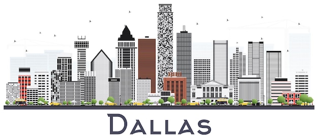 Horizonte de la ciudad de Dallas Texas con edificios grises aislados en blanco. Ilustración de vector. Concepto de turismo y viajes de negocios con edificios modernos. Paisaje urbano de Dallas con hitos.