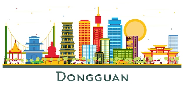 Vector horizonte de la ciudad de dongguan china con edificios de color aislado en blanco