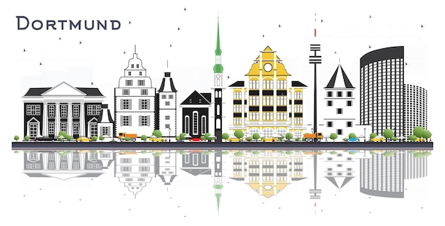 Horizonte de la ciudad de Dortmund Alemania con edificios de colores y reflejos aislados en blanco