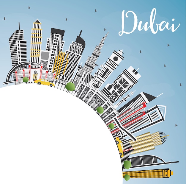 Horizonte de la ciudad de dubai, emiratos árabes unidos con edificios grises, cielo azul y espacio de copia. ilustración de vector. ilustración de viajes de negocios y turismo con arquitectura moderna. paisaje urbano de dubai con hitos.
