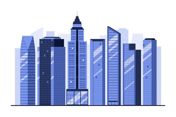 Vector horizonte de la ciudad con edificios de oficinas y rascacielos azules paisaje urbano con torres corporativas