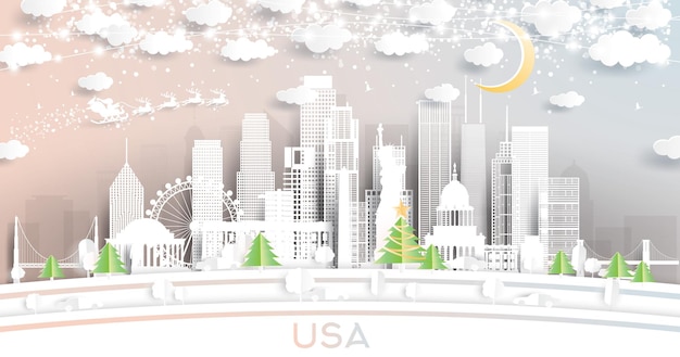 Horizonte de la ciudad de EE. UU. en estilo de corte de papel con luna de copos de nieve y guirnalda de neón
