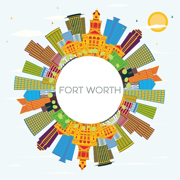 Horizonte de la ciudad de Fort Worth Texas con edificios de color Cielo azul y espacio de copia Ilustración vectorial Concepto de turismo y viajes de negocios con arquitectura moderna Paisaje urbano de Fort Worth con puntos de referencia