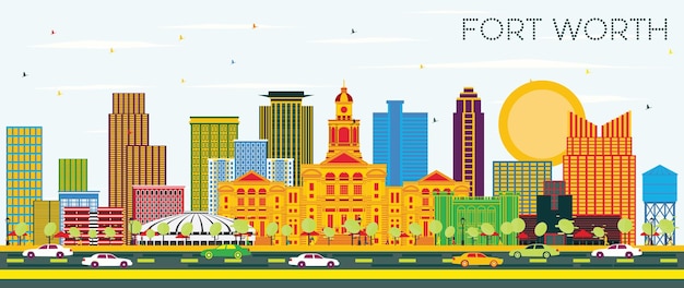 Horizonte de la ciudad de fort worth texas con edificios de color y cielo azul. ilustración de vector. concepto de turismo y viajes de negocios con arquitectura moderna. paisaje urbano de fort worth con hitos.