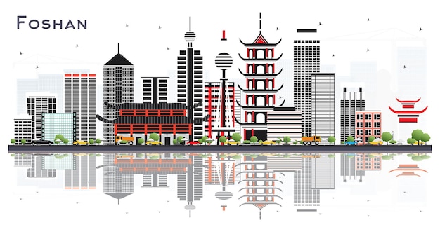 Horizonte de la ciudad de Foshan China con edificios grises y reflejos aislados en blanco. Ilustración de vector. Concepto de turismo y viajes de negocios con arquitectura moderna. Paisaje urbano de Foshan con hitos.
