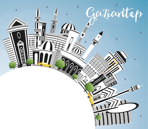 Vector horizonte de la ciudad de gaziantep turquía con edificios de color, cielo azul y espacio de copia. ilustración vectorial. viajes de negocios y concepto con arquitectura histórica. paisaje urbano de gaziantep con hitos.