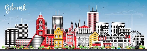 Vector el horizonte de la ciudad de gdansk, polonia, con edificios de color y cielo azul el paisaje urbano de gdensk con puntos de referencia el concepto de viajes de negocios y turismo con arquitectura moderna e histórica