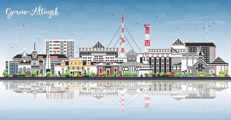 Vector el horizonte de la ciudad de gornoaltaysk, rusia, con edificios de color, cielo azul y reflejos. el paisaje urbano de gorno altaysk con puntos de referencia. concepto de turismo con arquitectura moderna e histórica.
