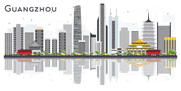 Horizonte de la ciudad de Guangzhou China con edificios grises y reflejos aislados sobre fondo blanco. Ilustración de vector. Concepto de turismo con edificios modernos. Paisaje urbano de Guangzhou con hitos.