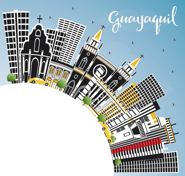 Vector horizonte de la ciudad de guayaquil ecuador con edificios de color, cielo azul y espacio de copia. ilustración de vector. concepto de turismo y viajes de negocios con arquitectura histórica. paisaje urbano de guayaquil con hitos.