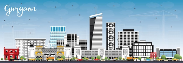 Horizonte de la ciudad de Gurgaon India con edificios grises y cielo azul. Ilustración de vector. Concepto de turismo y viajes de negocios con arquitectura moderna. Paisaje urbano de Gurgaon con hitos.