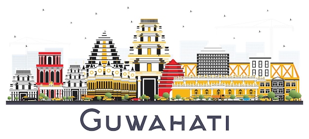 Horizonte de la ciudad de guwahati india con edificios de colores aislados sobre fondo blanco. ilustración de vector. concepto de turismo y viajes de negocios con arquitectura histórica. paisaje urbano de guwahati con hitos.