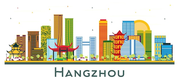 Horizonte de la ciudad de Hangzhou China con edificios de color aislados en blanco Ilustración vectorial Concepto de viajes y turismo de negocios con arquitectura moderna Paisaje urbano de Hangzhou con puntos de referencia