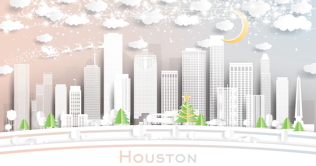 Horizonte de la ciudad de Houston, Texas, EE. UU. en estilo de corte de papel con luna de copos de nieve y guirnalda de neón