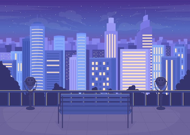 Horizonte de la ciudad en la ilustración de vector de color plano de noche