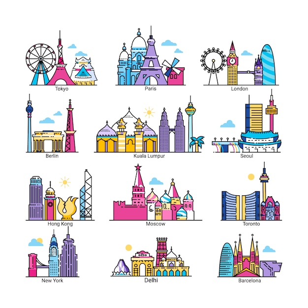 Horizonte de la ciudad de ilustraciones de la capital mundialmente famosa, paisaje urbano del país europeo, asiático y americano