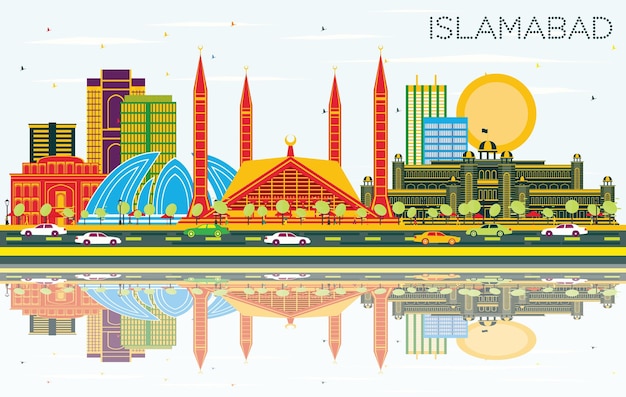 Vector horizonte de la ciudad de islamabad pakistán con edificios de color, cielo azul y reflejos. ilustración de vector. concepto de turismo y viajes de negocios con arquitectura histórica. paisaje urbano de islamabad con hitos.