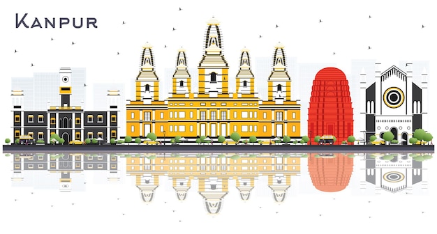 Horizonte de la ciudad de kanpur india con edificios de colores y reflejos aislados en blanco. ilustración de vector. concepto de turismo y viajes de negocios con arquitectura histórica. paisaje urbano de kanpur con hitos.