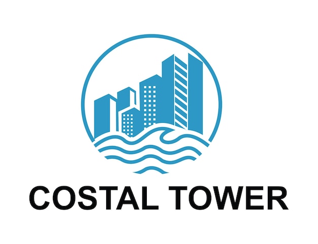 un horizonte de la ciudad con un logotipo azul y blanco de onda que dice el logotipo del horizonte costero