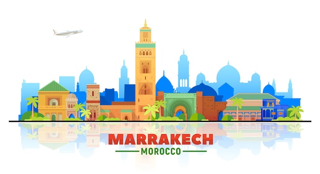 Horizonte de la ciudad de marrakech marruecos con panorama sobre fondo blanco ilustración vectorial concepto de viajes y turismo de negocios con edificios antiguos imagen para el sitio web de banner de presentación