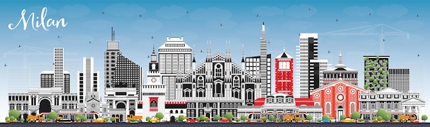 Horizonte de la ciudad de milán italia con edificios de color y cielo azul. ilustración de vector. viajes de negocios y concepto con arquitectura histórica. paisaje urbano de milán con hitos.