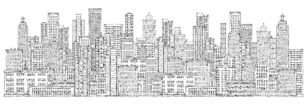 Horizonte de la ciudad moderna muy detallada ilustración vectorial dibujada a mano