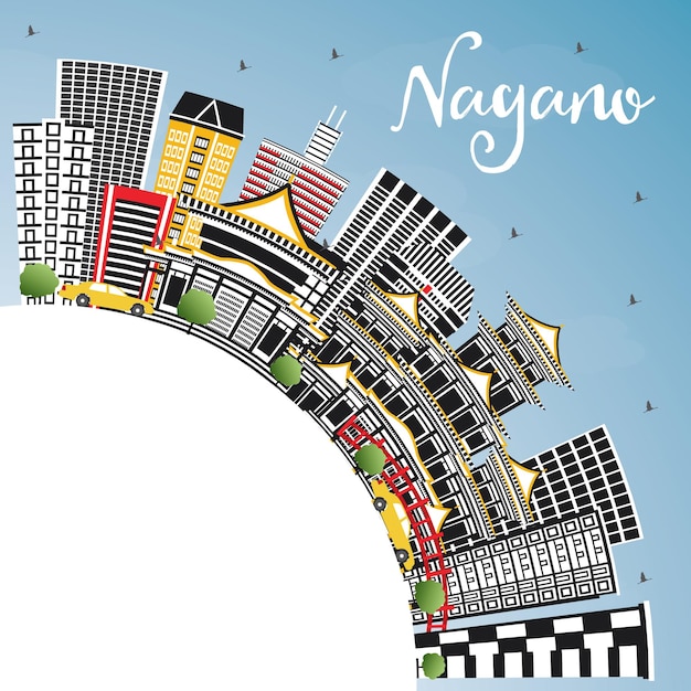 Horizonte de la ciudad de nagano japón con edificios de color, cielo azul y espacio de copia. ilustración de vector. concepto de turismo y viajes de negocios con arquitectura moderna. paisaje urbano de nagano con hitos.