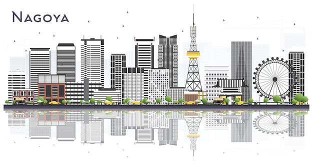 Horizonte de la ciudad de nagoya japón con edificios grises y reflejos aislados en blanco. ilustración