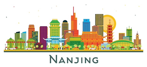 El horizonte de la ciudad de Nanjing, China, con edificios de color aislados en blanco Viajes de negocios y turismo Ilustración con arquitectura moderna El paisaje urbano de Nanking con puntos de referencia