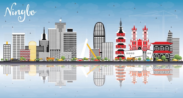 Horizonte de la ciudad de Ningbo China con edificios de color, cielo azul y reflejos. Ilustración de vector. Concepto de turismo y viajes de negocios con arquitectura histórica. Paisaje urbano de Ningbo con hitos.