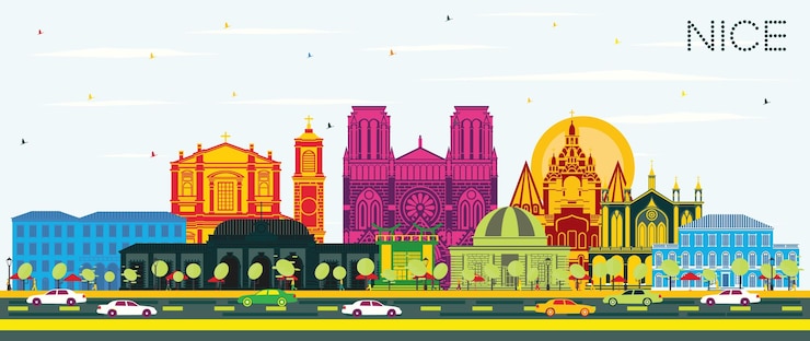 Vector horizonte de la ciudad de niza francia con edificios de color azul cielo y reflejos
