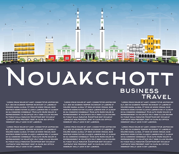 Vector horizonte de la ciudad de nouakchott, mauritania, con edificios de color, cielo azul y espacio de copia. ilustración de vector. concepto de turismo y viajes de negocios con arquitectura moderna. paisaje urbano de nouakchott con hitos