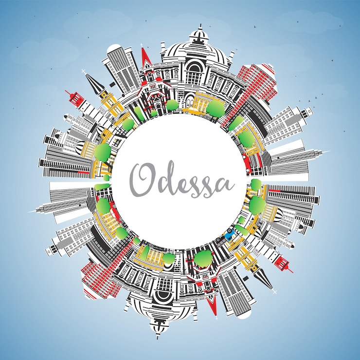 Vector el horizonte de la ciudad de odessa con edificios de color cielo azul y espacio de copia el paisaje urbano de odesa con hitos el concepto de viajes de negocios y turismo con arquitectura moderna e histórica