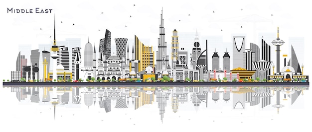 Horizonte de la ciudad de Oriente Medio con edificios de color y reflejos aislados en blanco. Ilustración de vector. Dubai, Kuwait, Abu Dhabi, Doha, Jeddah. Concepto de viajes y turismo con arquitectura moderna.
