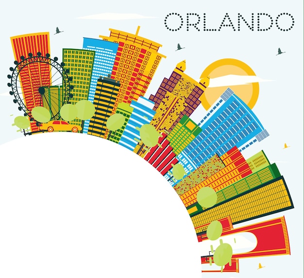 Horizonte de la ciudad de Orlando Florida con edificios de color, cielo azul y espacio de copia. Ilustración de vector. Concepto de turismo y viajes de negocios con arquitectura moderna. Paisaje urbano de Orlando con hitos.