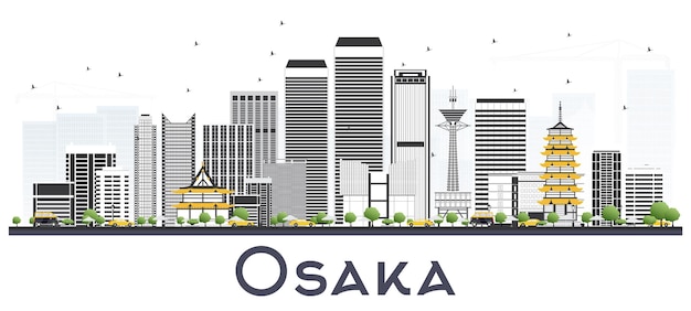 Horizonte de la ciudad de Osaka Japón con edificios de colores aislados en blanco. Ilustración de vector. Concepto de turismo y viajes de negocios con arquitectura histórica. Paisaje urbano de Osaka con hitos.