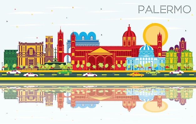 Vector horizonte de la ciudad de palermo italia con edificios de color azul cielo y reflejos