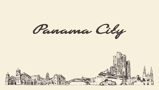 Horizonte de la ciudad de panamá, panamá, ilustración vectorial dibujada a mano, boceto