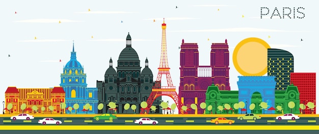 Vector horizonte de la ciudad de parís francia con edificios de color azul cielo y reflejos