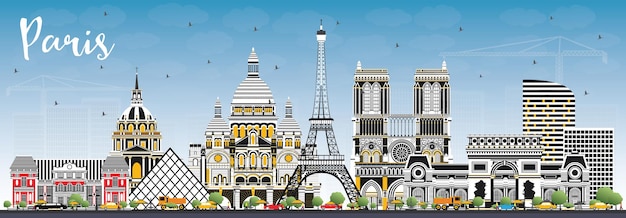 Horizonte de la ciudad de París Francia con edificios de color y cielo azul. Ilustración de vector. Viajes de negocios y concepto con arquitectura histórica. Paisaje urbano de París con hitos