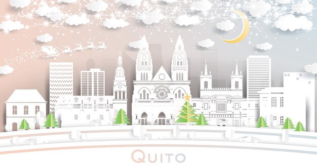 Horizonte de la ciudad de Quito Ecuador en estilo de corte de papel con luna de copos de nieve y guirnalda de neón