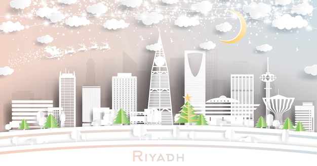 Horizonte de la ciudad de riyadh arabia saudita en estilo de corte de papel con luna de copos de nieve y guirnalda de neón