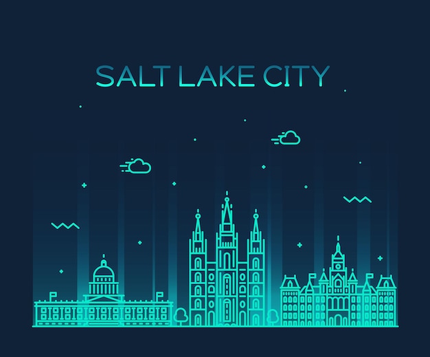 Horizonte de la ciudad de Salt Lake, Utah. Ilustración de vector de moda, estilo lineal