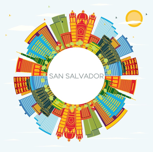 Horizonte de la ciudad de San Salvador con edificios de color azul cielo y espacio de copia