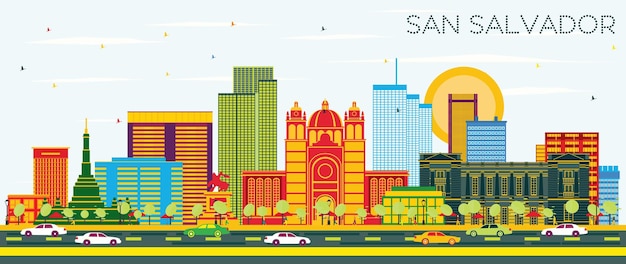 Vector horizonte de la ciudad de san salvador con edificios de color y cielo azul. ilustración de vector. concepto de turismo y viajes de negocios con arquitectura moderna. paisaje urbano de san salvador con hitos.