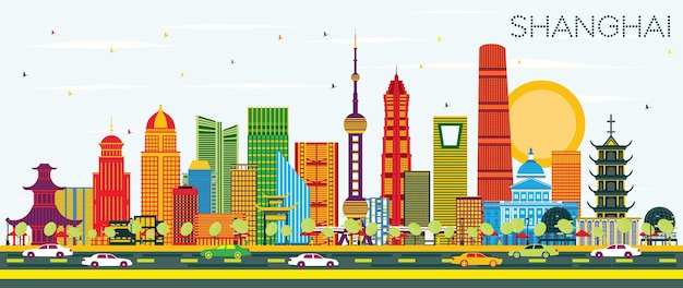 Vector horizonte de la ciudad de shanghai china con edificios de color y cielo azul. ilustración de vector. concepto de turismo y viajes de negocios con arquitectura moderna. paisaje urbano de shanghai con hitos.