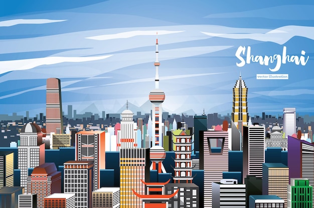 Horizonte de la ciudad de Shanghai China. Ilustración de vector. Vista aérea.
