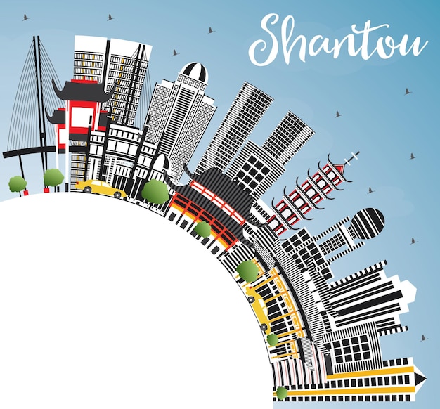 Vector horizonte de la ciudad de shantou china con edificios grises, cielo azul y espacio de copia. ilustración de vector. concepto de turismo y viajes de negocios con arquitectura moderna. paisaje urbano de shantou con hitos.