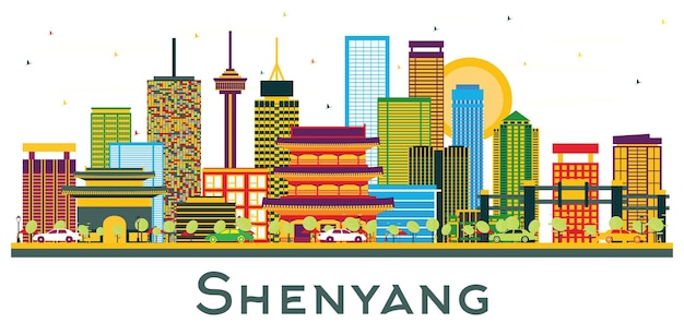 Vector horizonte de la ciudad de shenyang china con edificios de color aislados en blanco paisaje urbano de shenyang con puntos de referencia